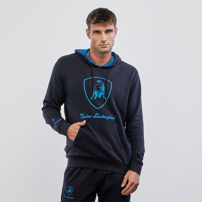 Felpa blu con cappuccio con logo e maniche a canguro