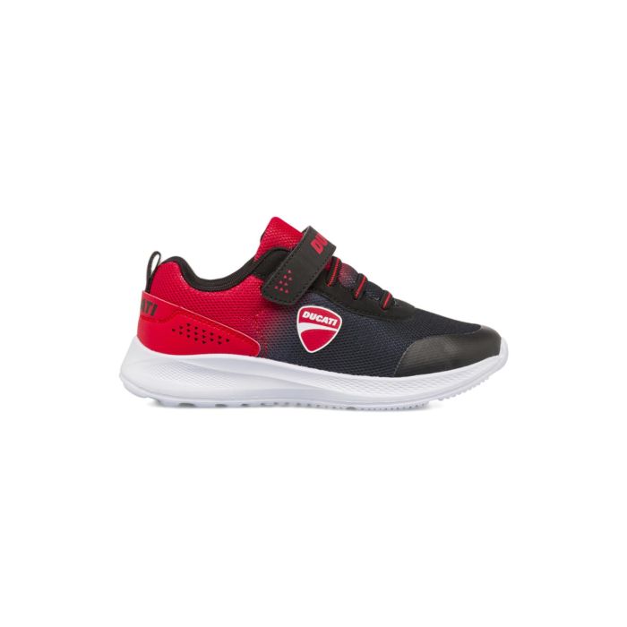 Sneakers bambino nere e rosse da ginnastica con logo laterale, velcro e lacci