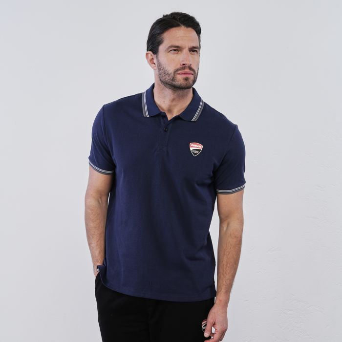 Polo blu da uomo in cotone con colletto e logo