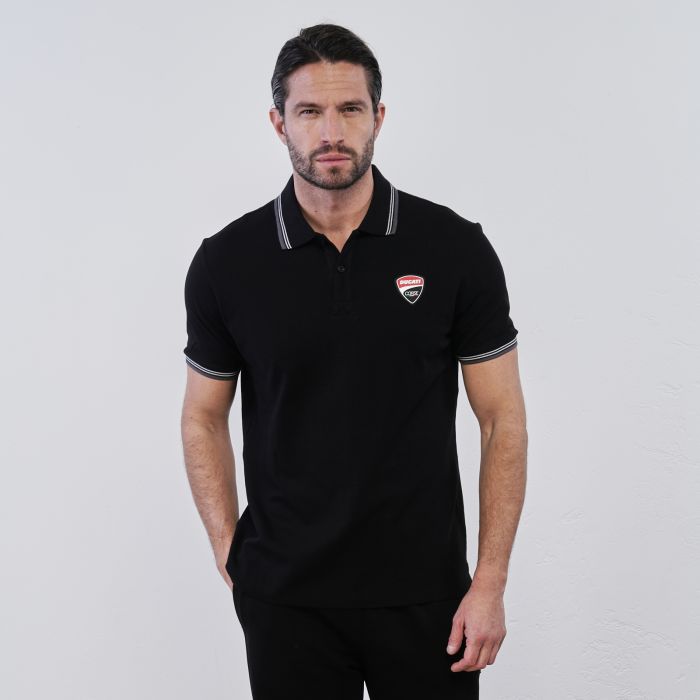 Polo nera da uomo in cotone con colletto e logo