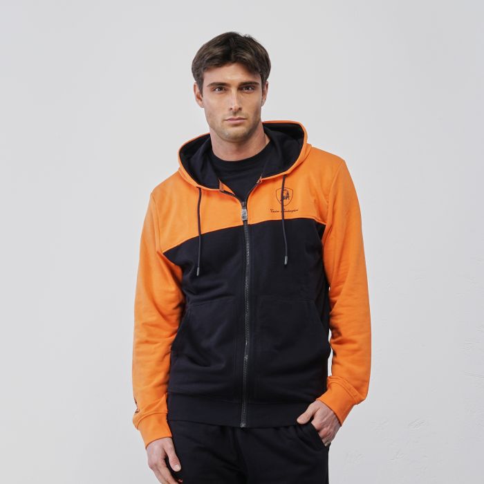 Felpa blu e arancione da uomo con cappuccio e zip