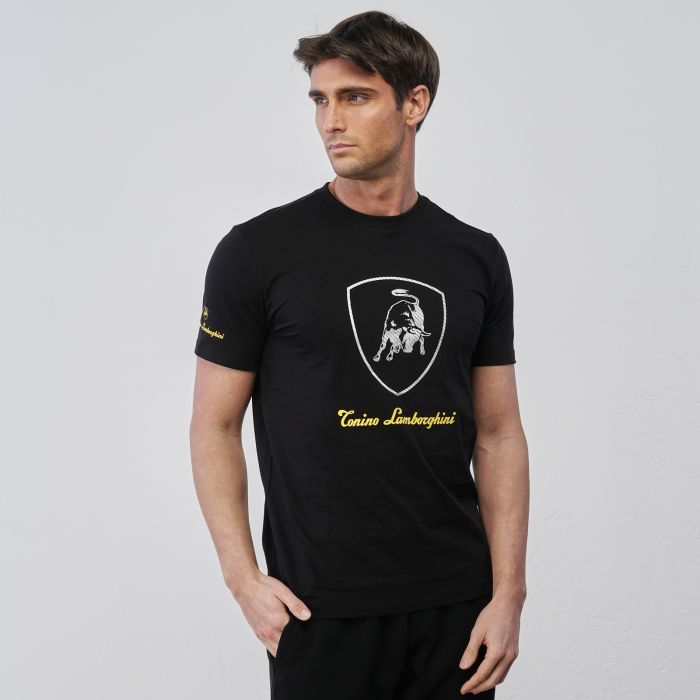 T-shirt nera sportiva con maniche corte e stemma con logo