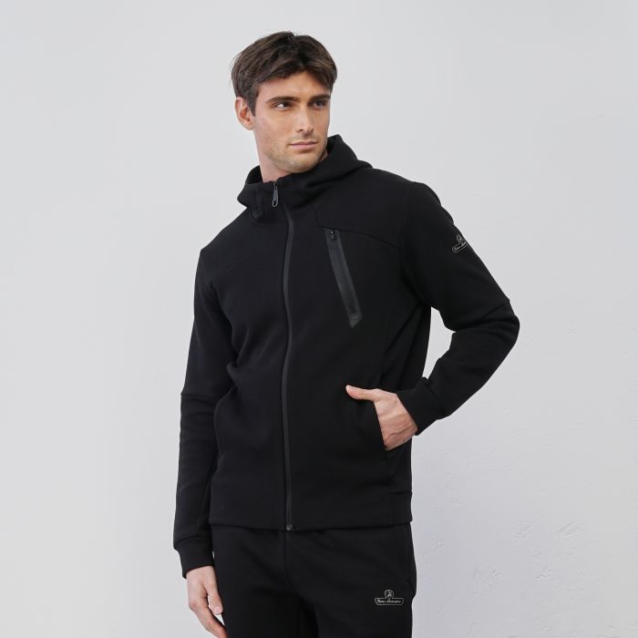 Felpa nera sportiva da uomo con tasche e cappuccio