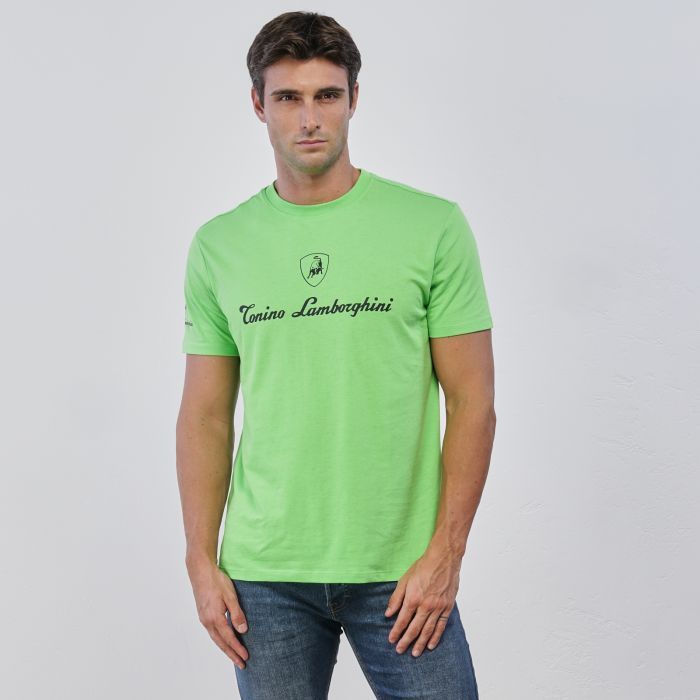 T-shirt verde fluo da uomo con maniche corte e stemma logo