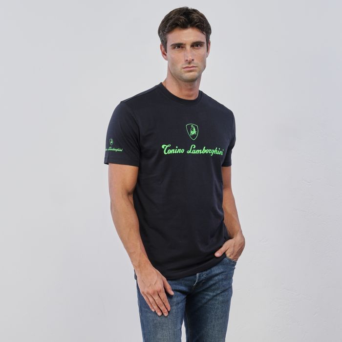 T-shirt blu da uomo con maniche corte e stemma logo