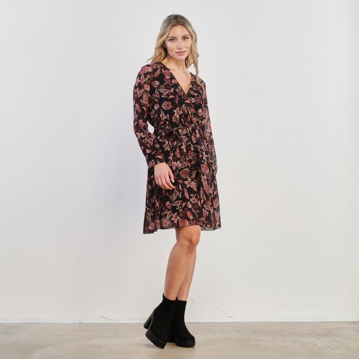 Abito nero con stampa floreale e fusciacca