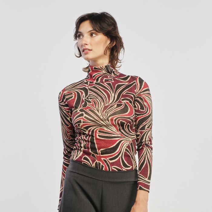 Maglia dolcevita bordeaux e oro con stampa astratta e glitter