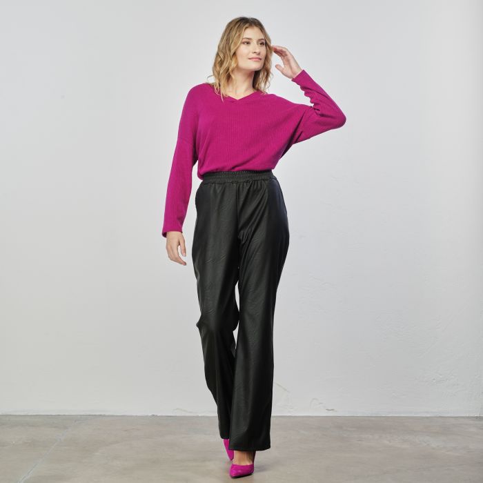 Pantaloni lunghi neri larghi simil pelle con coulisse