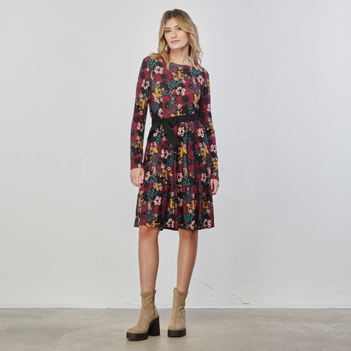 Vestito nero bordeaux con fantasia floreale e fiocco