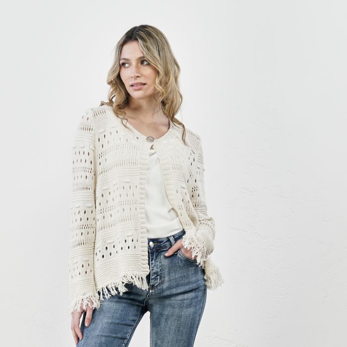 Cardigan beige con bottone e frange