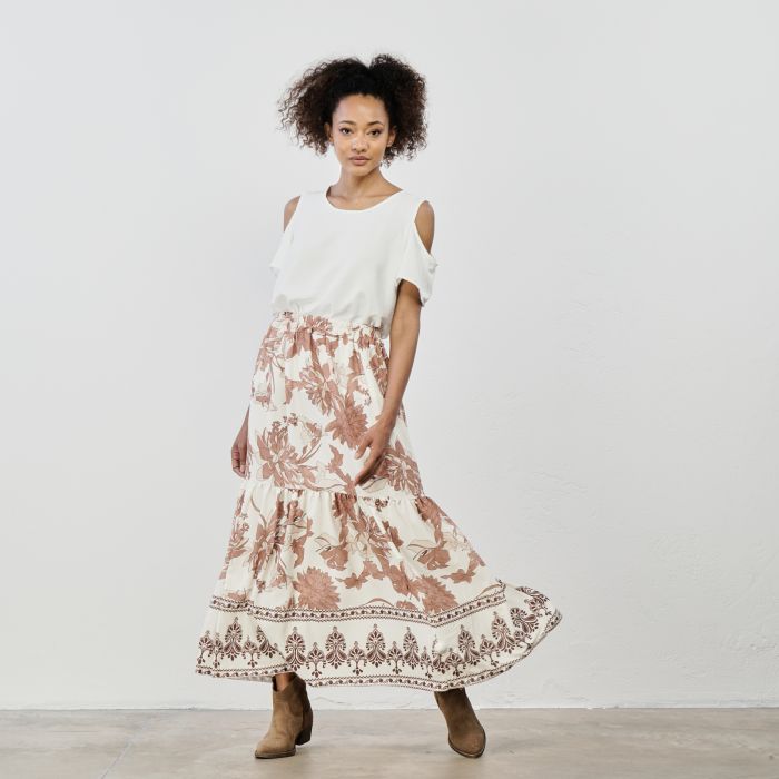 Gonna lunga bianca con stampa floreale beige