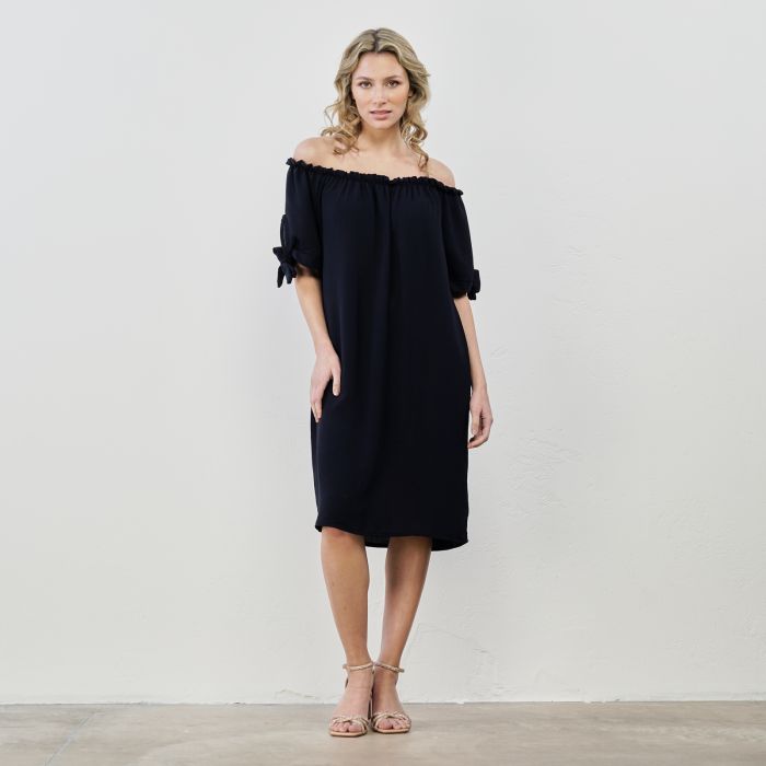 Vestito corto blu con scollo arricciato