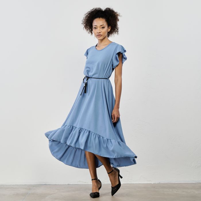Vestito midi azzurro con balza e cinturina con nappina