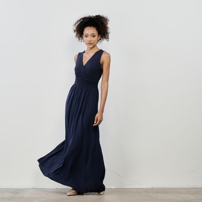 Vestito lungo blu senza maniche con corpetto in pizzo