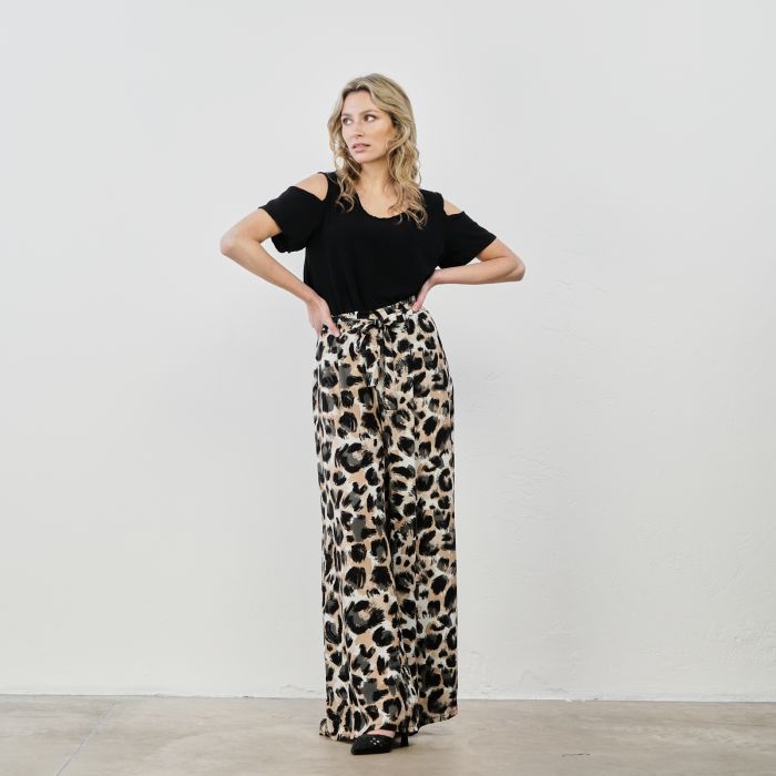 Pantaloni lunghi neri fantasia animalier