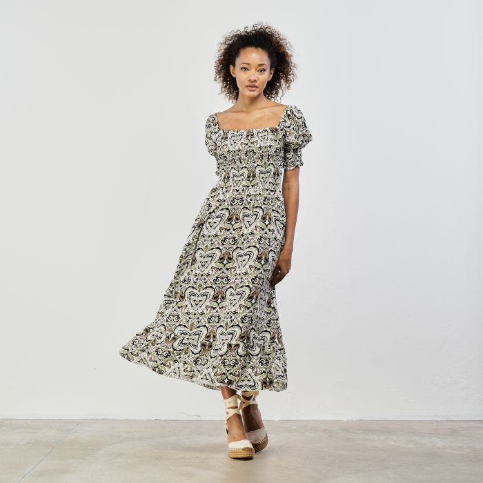 Abito midi beige stampa paisley