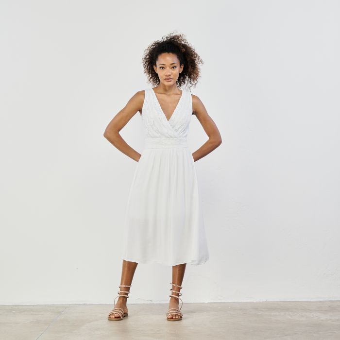 Abito bianco midi senza maniche con inserto in tessuto