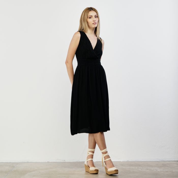 Abito nero midi senza maniche con inserto in tessuto