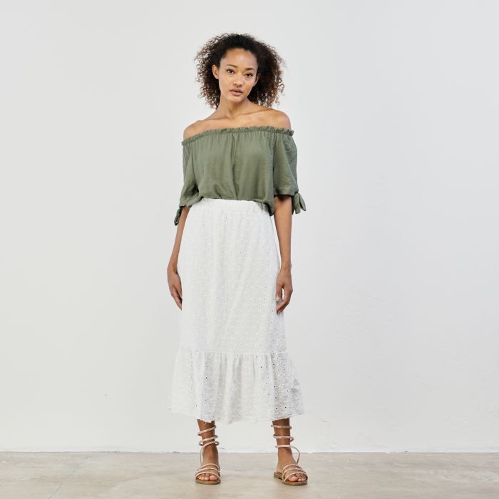 Gonna midi bianca in tessuto sangallo