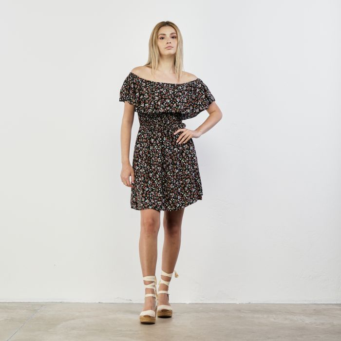 Abito corto nero stampa floreale con spalle scoperte