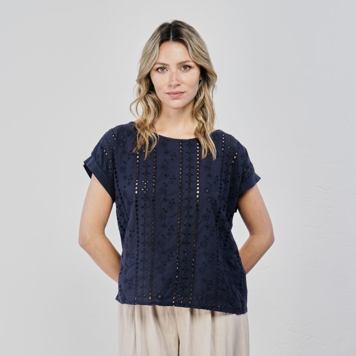 T-shirt blu manica corta in tessuto sangallo