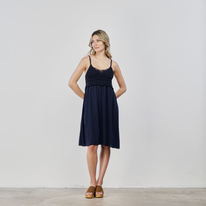 Abito corto blu senza maniche con corpetto ricamato