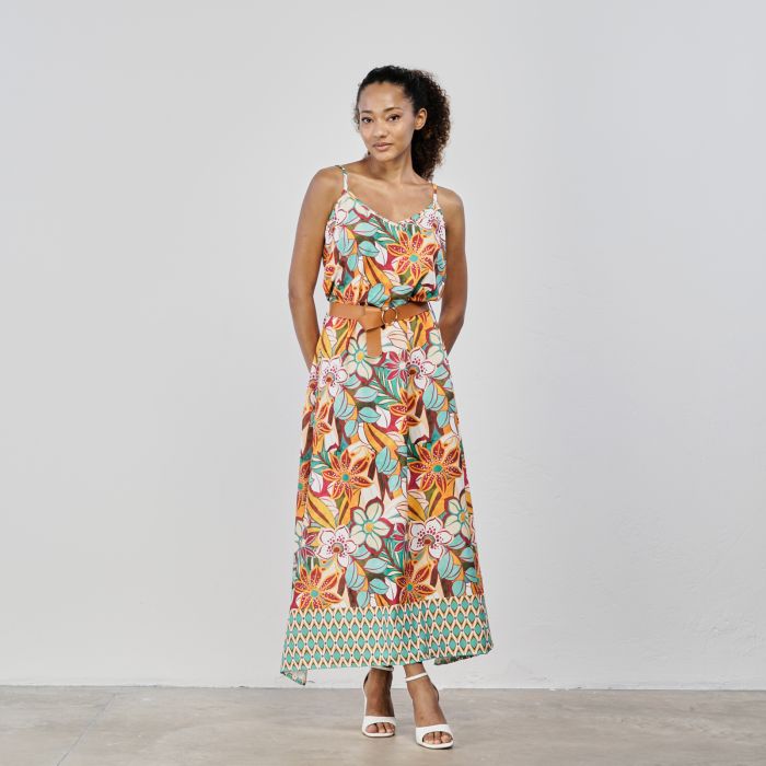 Abito lungo multicolor senza maniche stampa floreale con cintura