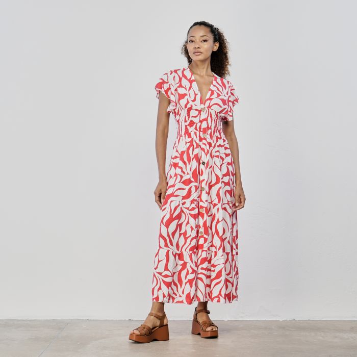 Abito lungo bianco e rosso con bottoni e stampa fiori