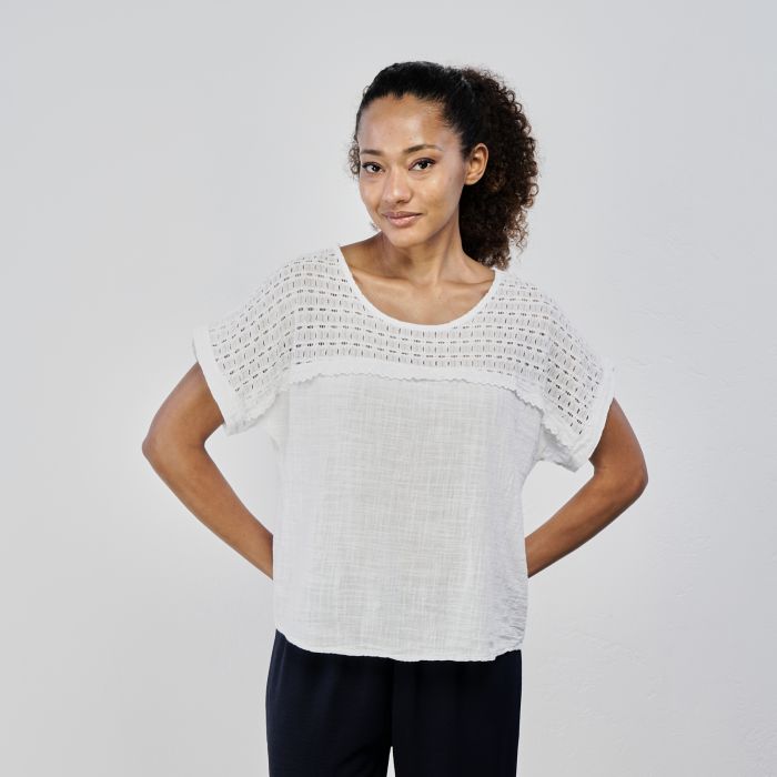 T-shirt bianca maniche corte con inserto traforato