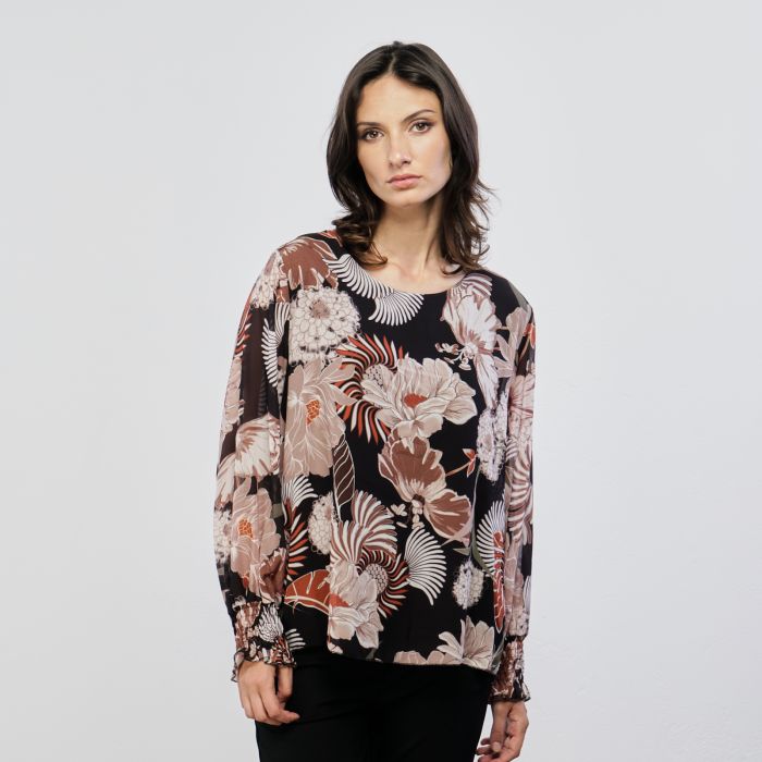 Blusa nera a fiori con viscosa