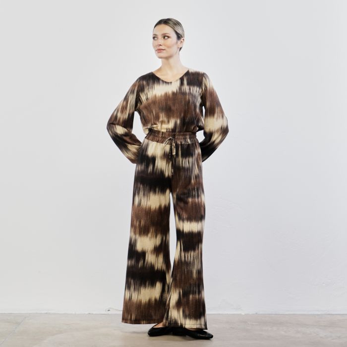 Pantaloni marroni lunghi ampi fantasia sfumata con coulisse in vita