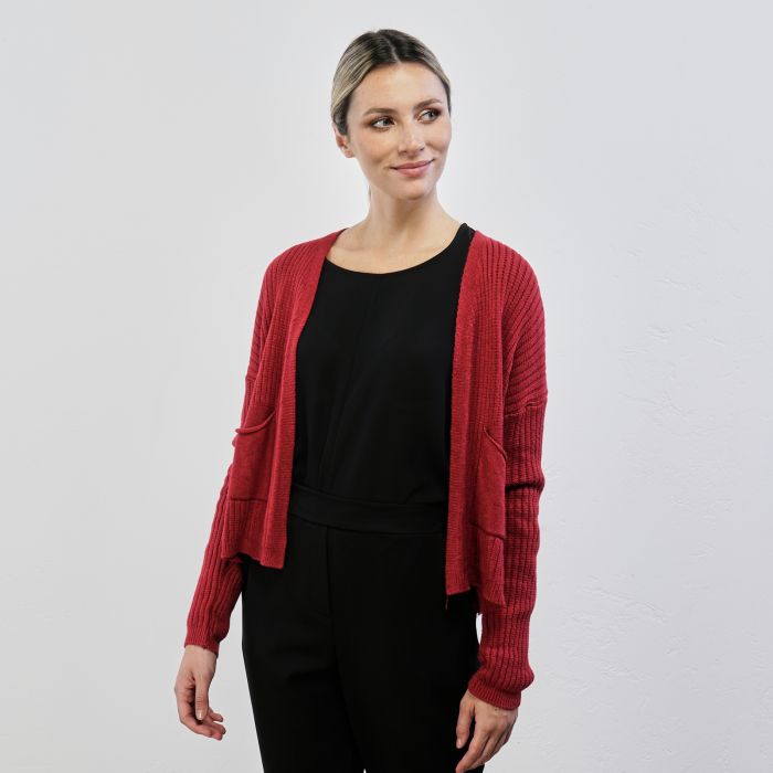 Cardigan rosso in tessuto a costine con tasche