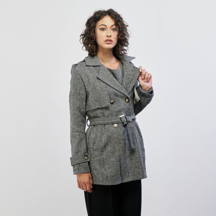 Cappotto grigio in fantasia spigata con fusciacca
