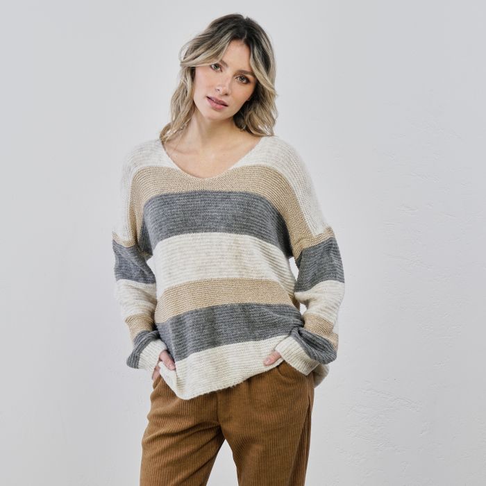 Maglione beige e grigio con maxi righe