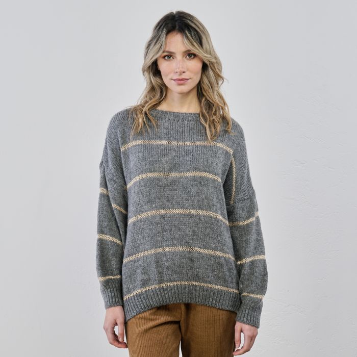 Maglione grigio con righe oro glitterate