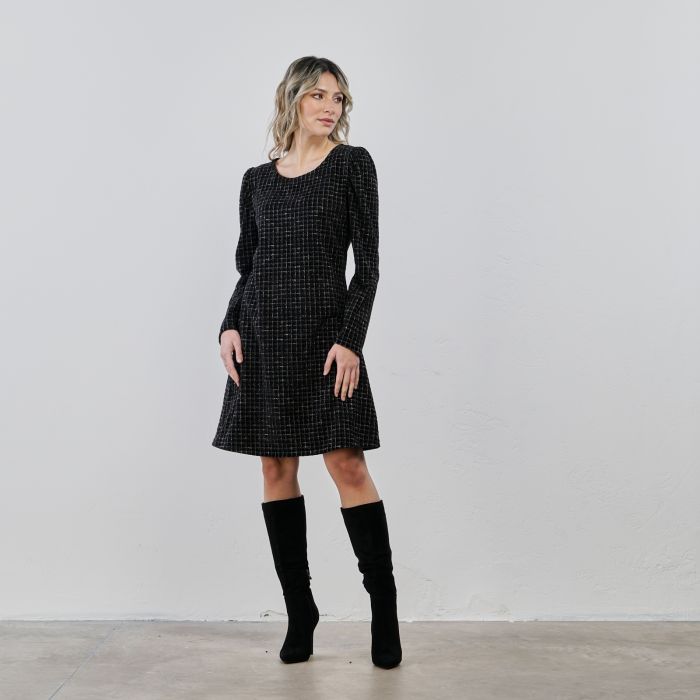 Abito nero corto con maniche lunghe e fantasia in lurex