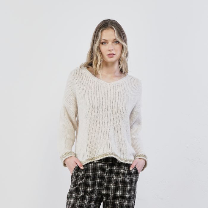 Maglione panna con scollo a V e dettagli glitterati