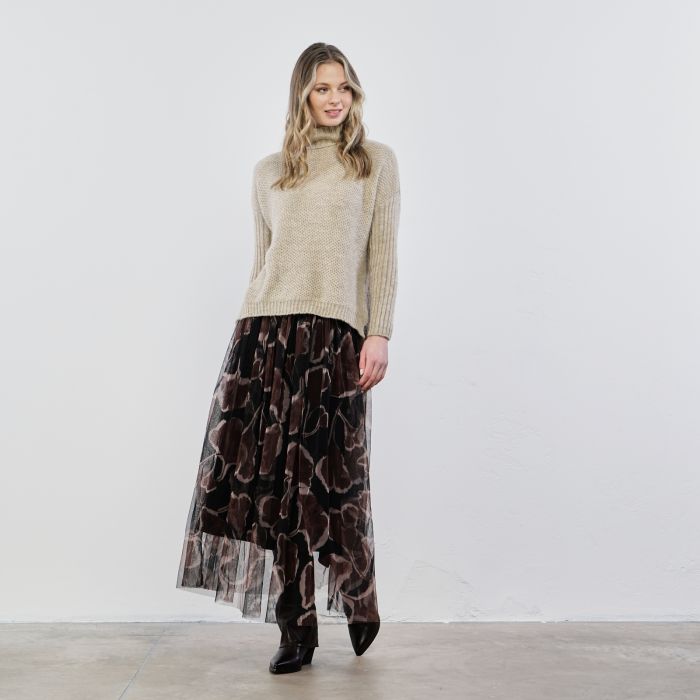 Gonna nera lunga in tulle con fantasia floreale