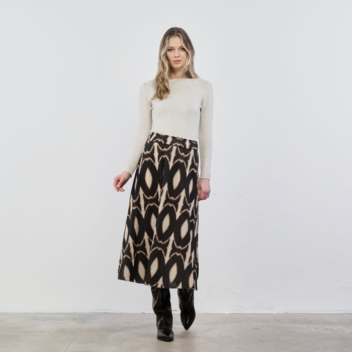 Gonna midi beige e nera in fantasia geometrica