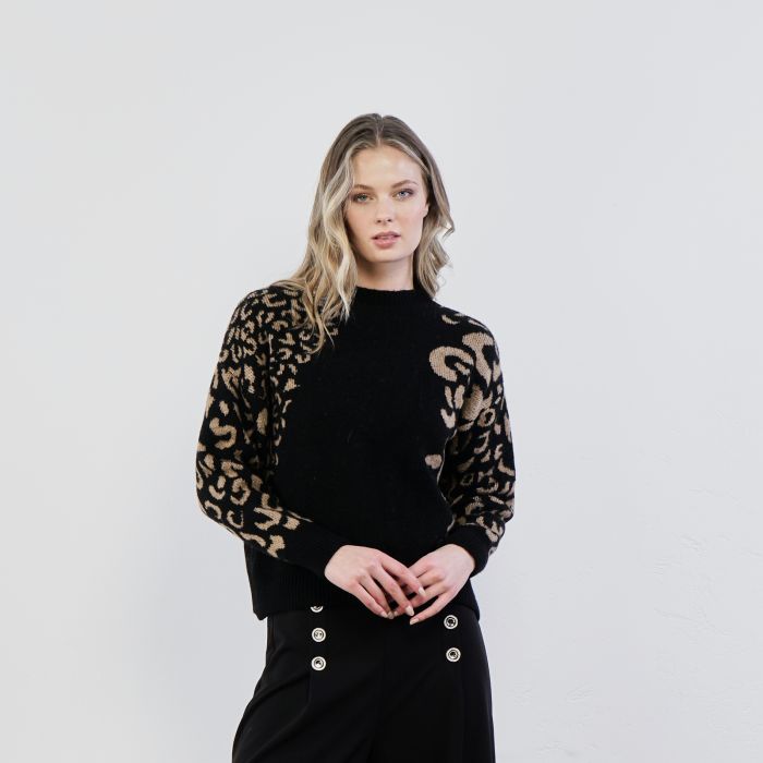 Maglioncino nero con inserti in fantasia animalier