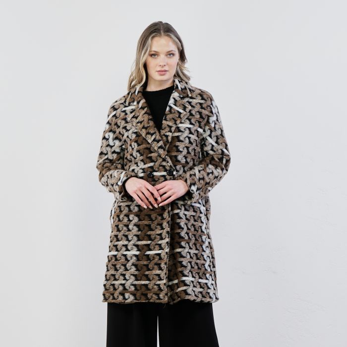 Cappotto marrone in fantasia geometrica