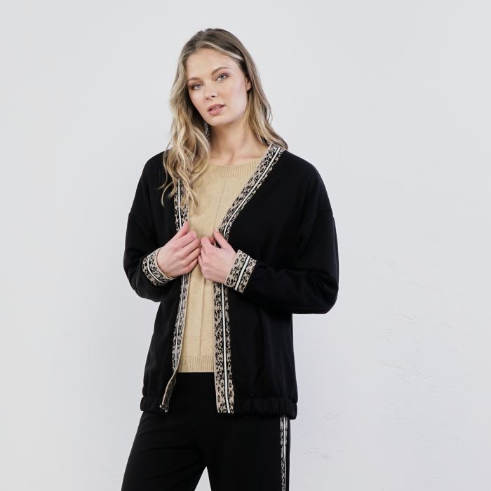 Cardigan nero con banda in fantasia animalier