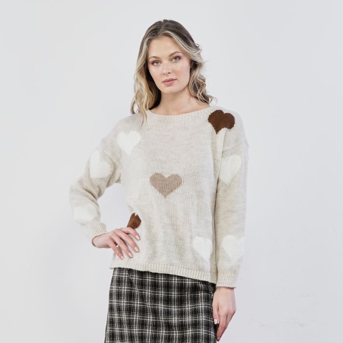 Maglione beige con maxi cuori