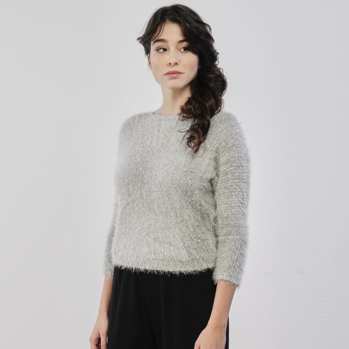 Maglioncino grigio in tessuto peluche con glitter
