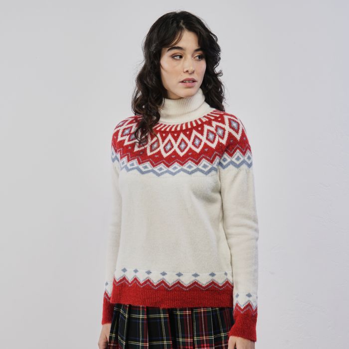 Maglioncino dolcevita bianco con inserti in fantasia natalizia