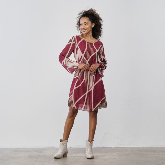 Abito corto bordeaux da donna con fusciacca in vita