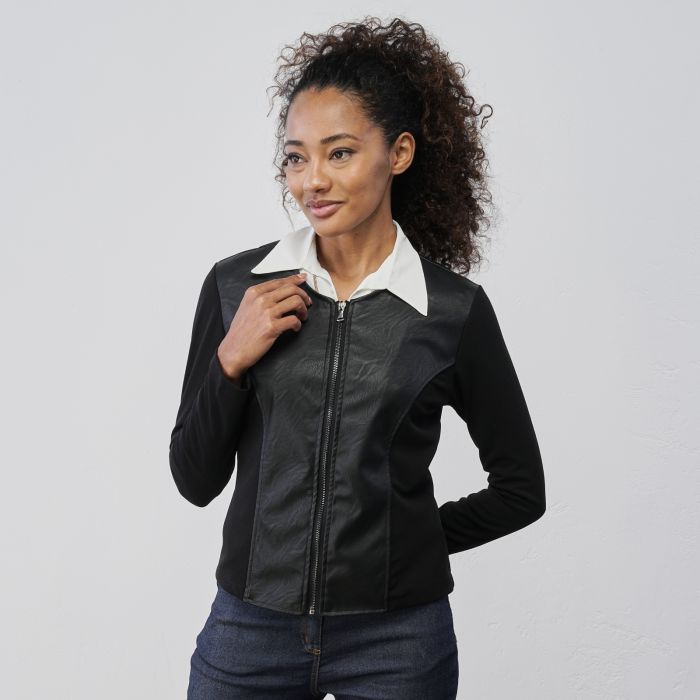 Giacca nera corta da donna on inserto in simil pelle con zip