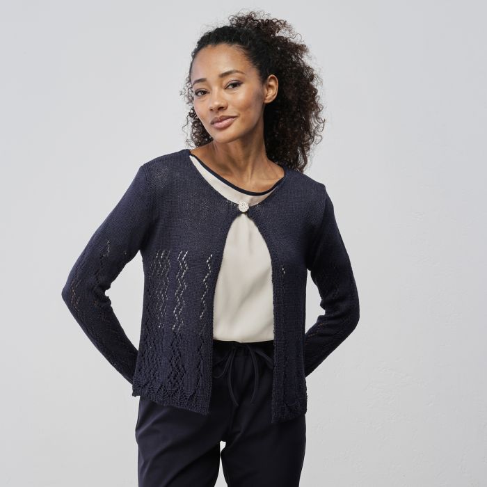 Cardigan blu traforato da donna con bottoncino