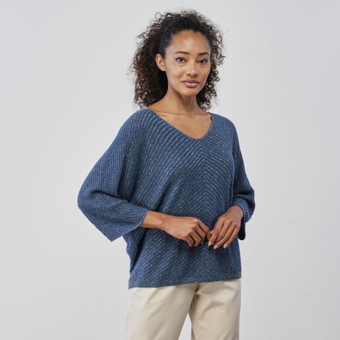 Maglia leggera blu da donna in tessuto con lurex