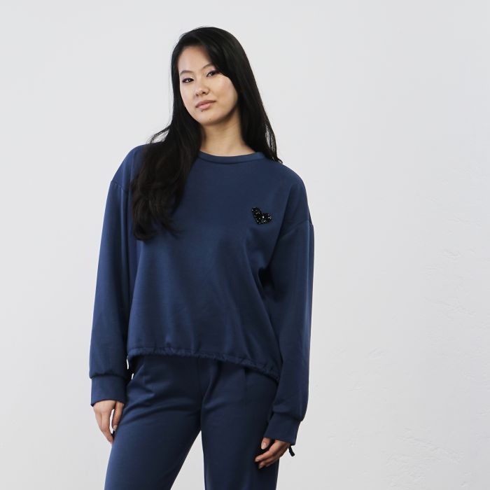 Felpa blu da donna con coulisse e cuore con strass